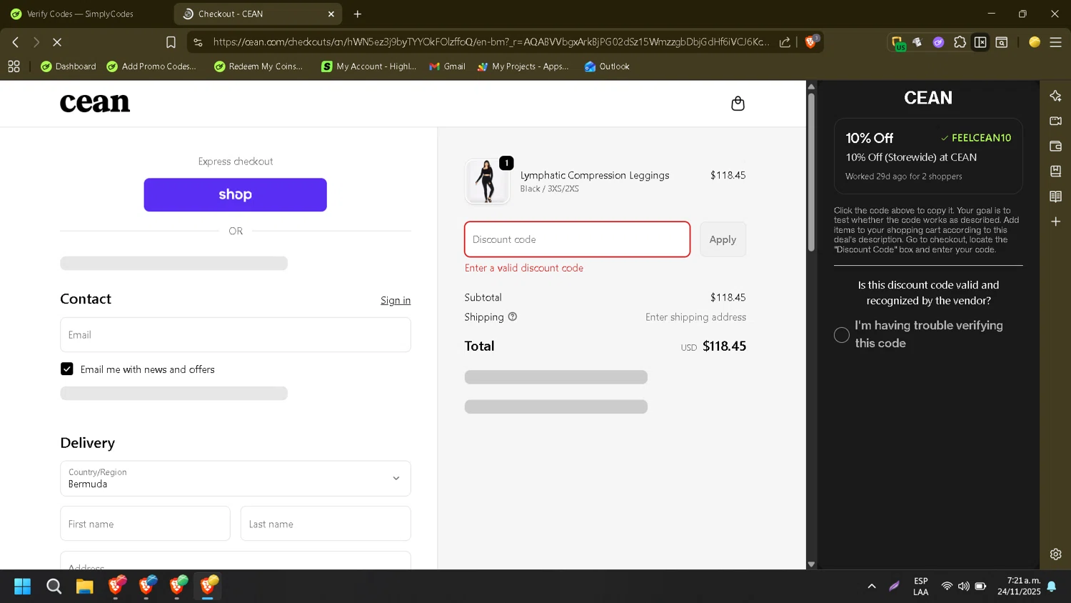 CEAN promo code screenshot showing code FEELCEAN10 applied at CEAN checkout page. Uploaded by SimplyCodes community member CleverMonarch8868 on Nov 24, 2025