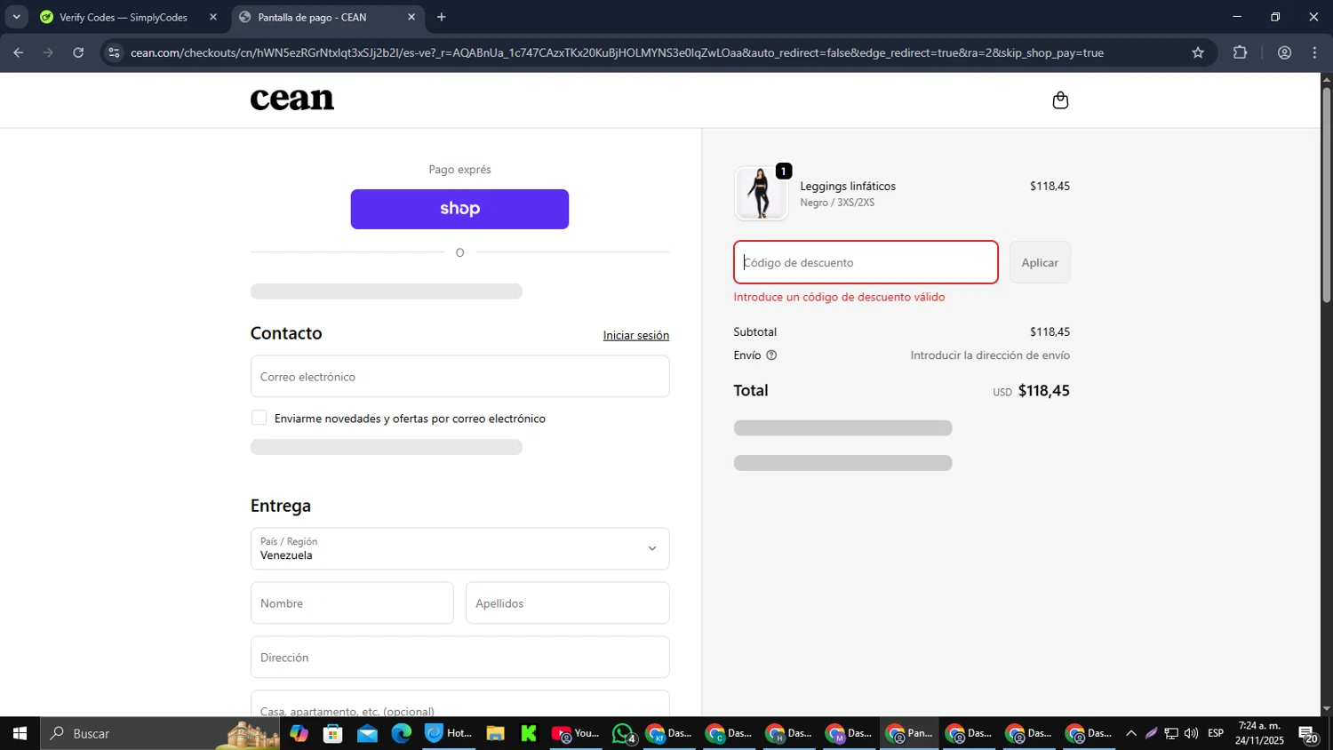 CEAN promo code screenshot showing code FEELCEAN10 applied at CEAN checkout page. Uploaded by SimplyCodes community member SmartMaverick5327 on Nov 24, 2025