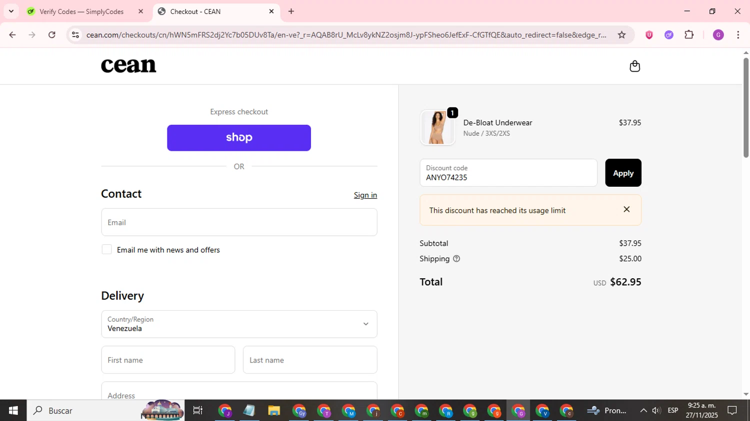 CEAN promo code screenshot showing code ANYO74235 applied at CEAN checkout page. Uploaded by SimplyCodes community member ValuePilot6849 on Nov 27, 2025