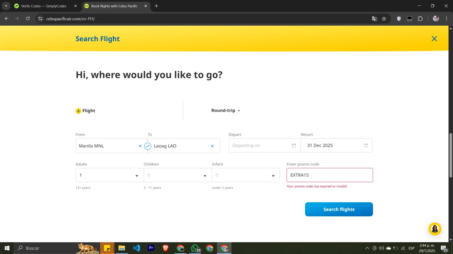 Cebu Pacific Air coupon code screenshot showing code EXTRA15 applied at Cebu Pacific Air checkout page. Uploaded by SimplyCodes community member Pansito on Jul 29, 2025