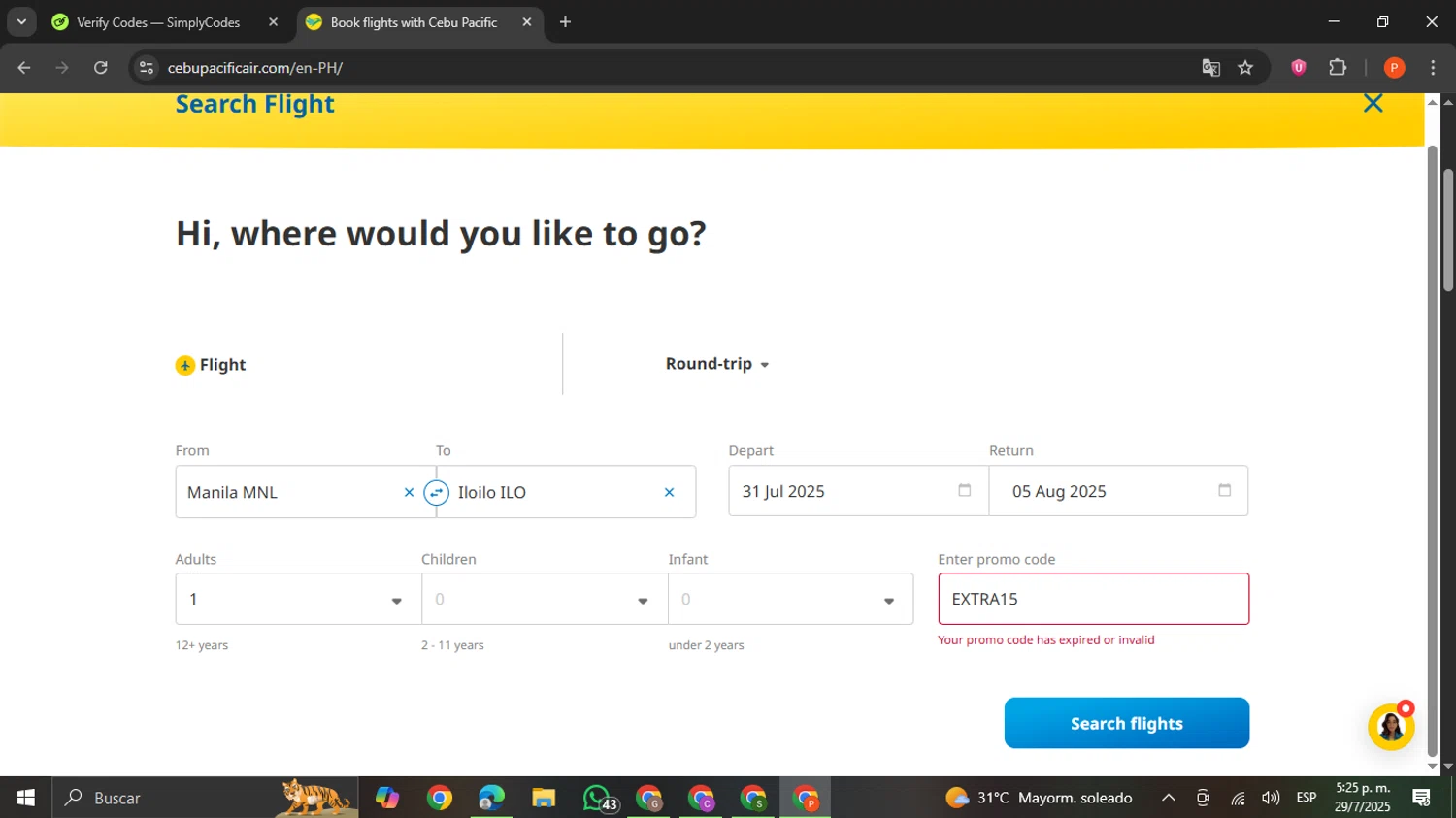 Cebu Pacific Air coupon code screenshot showing code EXTRA15 applied at Cebu Pacific Air checkout page. Uploaded by SimplyCodes community member VictoriousCaptain2658 on Jul 29, 2025
