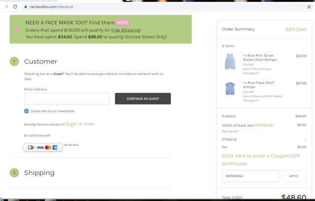Cecil and Lou checkout page showing Cecil and Lou coupon code box | Screenshot taken by SimplyCodes community member on May 22, 2020