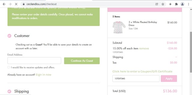 Cecil and Lou checkout page showing Cecil and Lou coupon code box | Screenshot taken by SimplyCodes community member on Jan 20, 2022