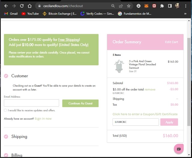 Cecil and Lou checkout page showing Cecil and Lou coupon code box | Screenshot taken by SimplyCodes community member on Apr 25, 2022