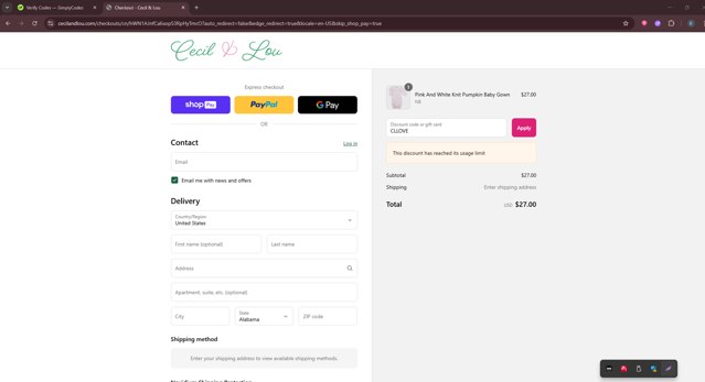 Cecil and Lou checkout page showing Cecil and Lou coupon code box | Screenshot taken by SimplyCodes community member on Jul 29, 2025