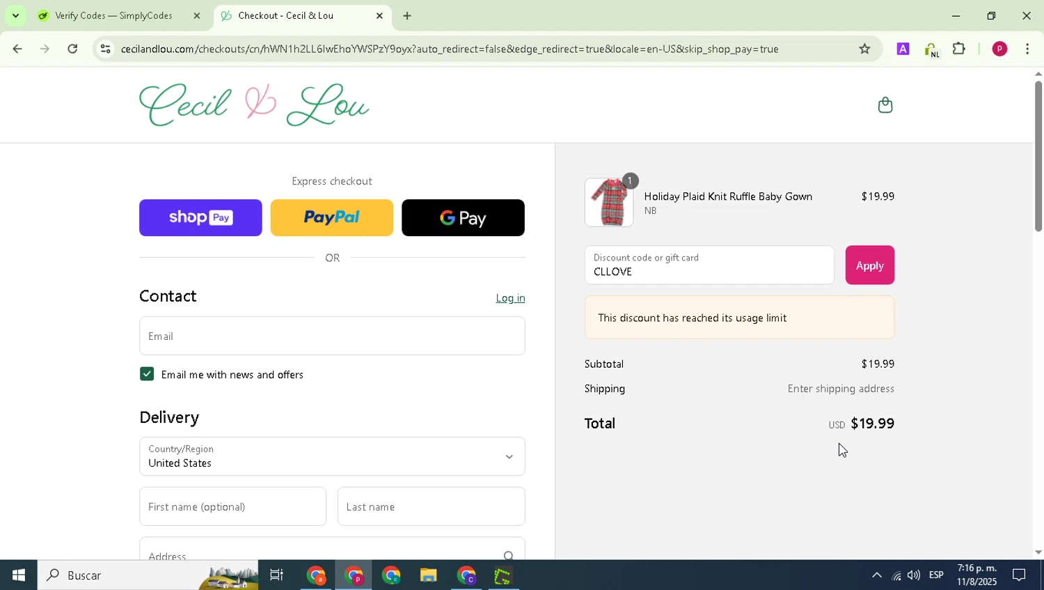 Cecil and Lou coupon code screenshot showing code CLLOVE applied at Cecil and Lou checkout page. Uploaded by SimplyCodes community member Paul_Skenes on Aug 11, 2025