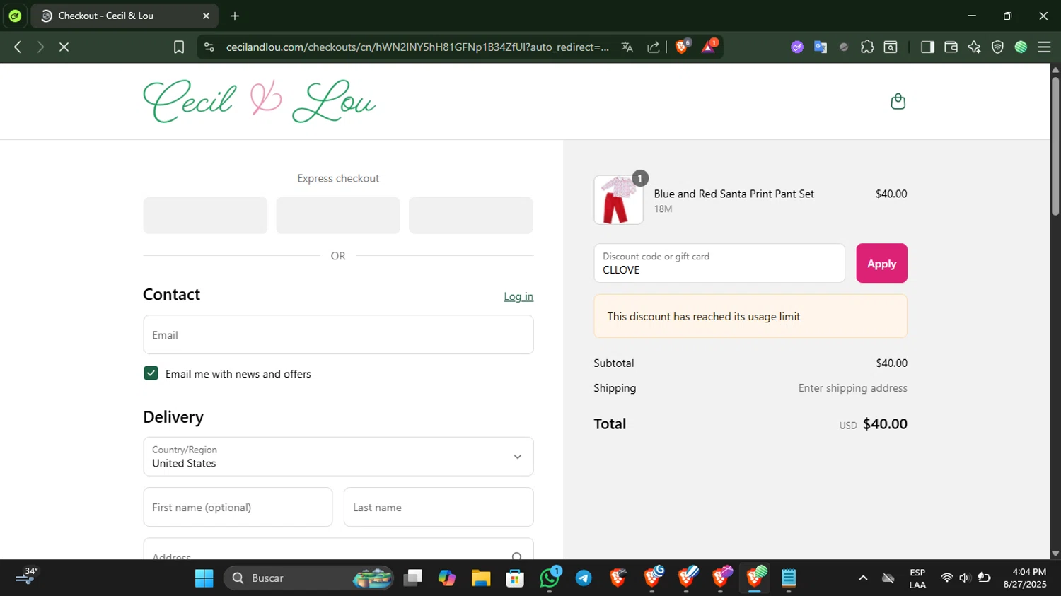 Cecil and Lou coupon code screenshot showing code CLLOVE applied at Cecil and Lou checkout page. Uploaded by SimplyCodes community member SilverKnight3628 on Aug 27, 2025