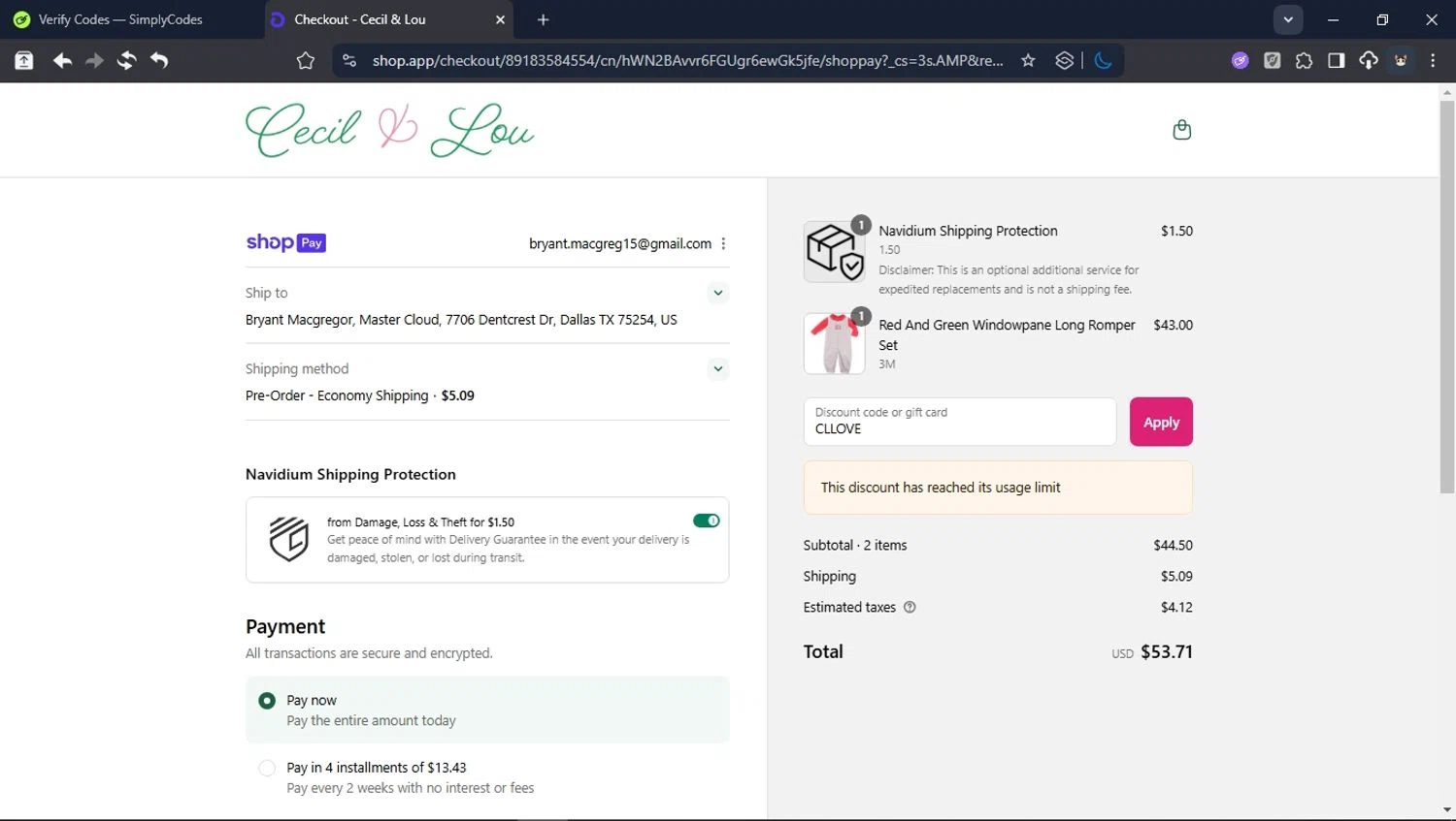 Cecil and Lou coupon code screenshot showing code CLLOVE applied at Cecil and Lou checkout page. Uploaded by SimplyCodes community member USER_RANDON on Aug 24, 2025