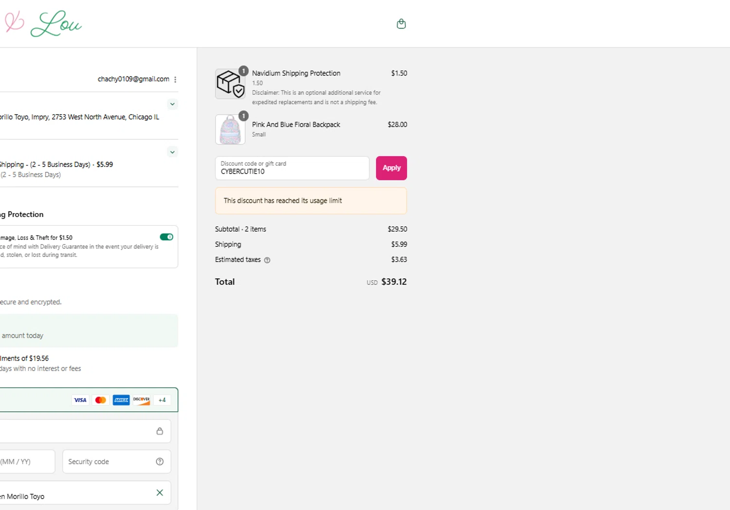 Cecil and Lou coupon code screenshot showing code CYBERCUTIE10 applied at Cecil and Lou checkout page. Uploaded by SimplyCodes community member BrilliantRanger2465 on Aug 18, 2025