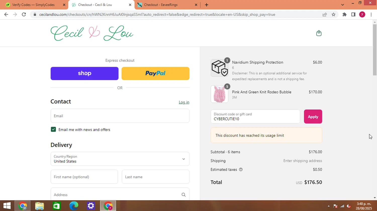 Cecil and Lou coupon code screenshot showing code CYBERCUTIE10 applied at Cecil and Lou checkout page. Uploaded by SimplyCodes community member ThriftyWizard1508 on Aug 28, 2025