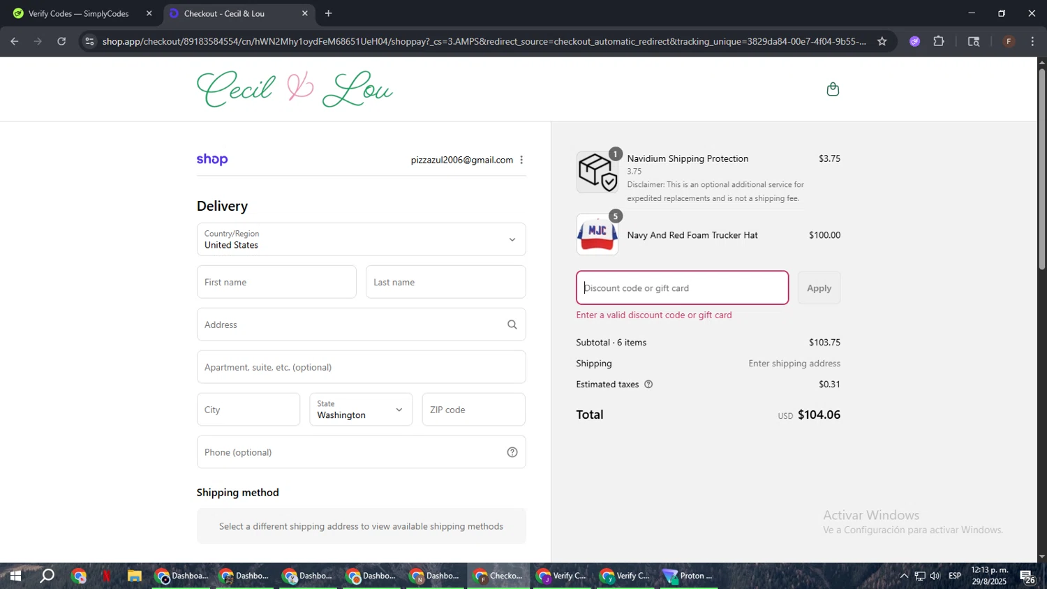 Cecil and Lou coupon code screenshot showing code XBYELFE5 applied at Cecil and Lou checkout page. Uploaded by SimplyCodes community member ExtraordinaryHunter3076 on Aug 29, 2025