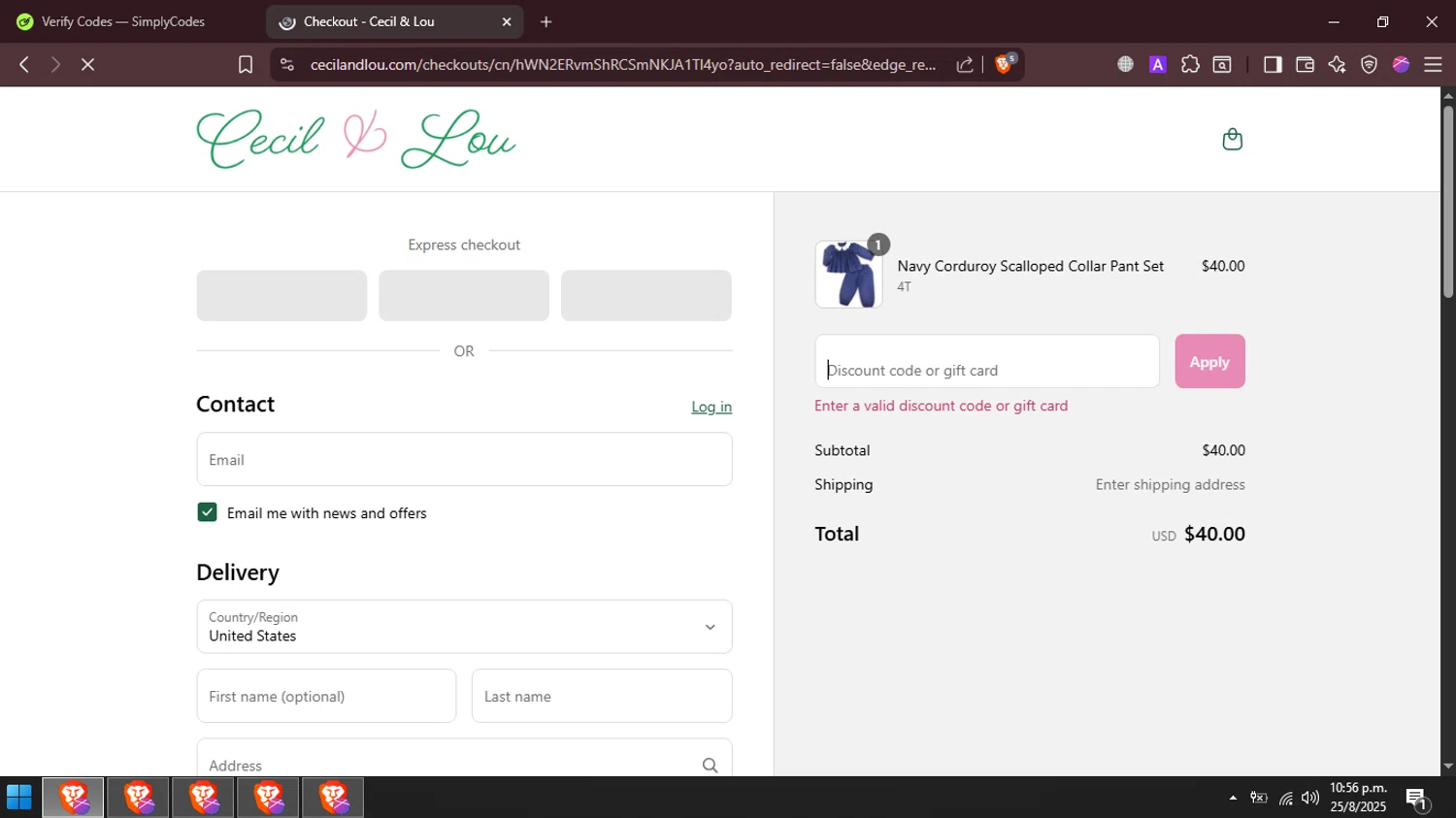 Cecil and Lou coupon code screenshot showing code XBYELFE5 applied at Cecil and Lou checkout page. Uploaded by SimplyCodes community member FrugalMaverick6013 on Aug 26, 2025