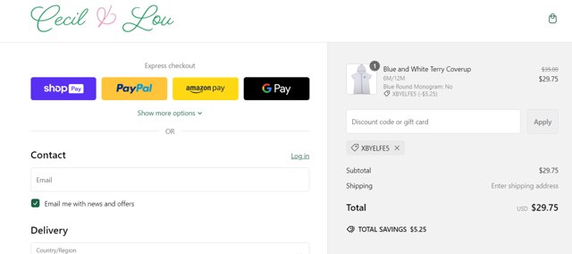 Cecil and Lou checkout page showing Cecil and Lou coupon code box | Screenshot taken by SimplyCodes community member on Feb 18, 2025