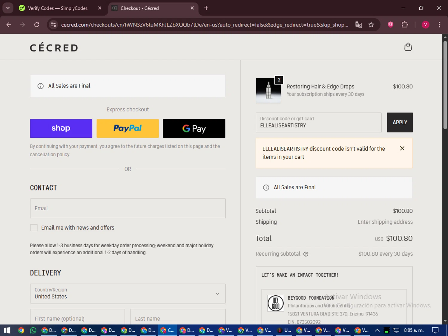 Cécred promo code screenshot showing code ELLEALISEARTISTRY applied at Cécred checkout page. Uploaded by SimplyCodes community member ShieldEagle6102 on Oct 11, 2025