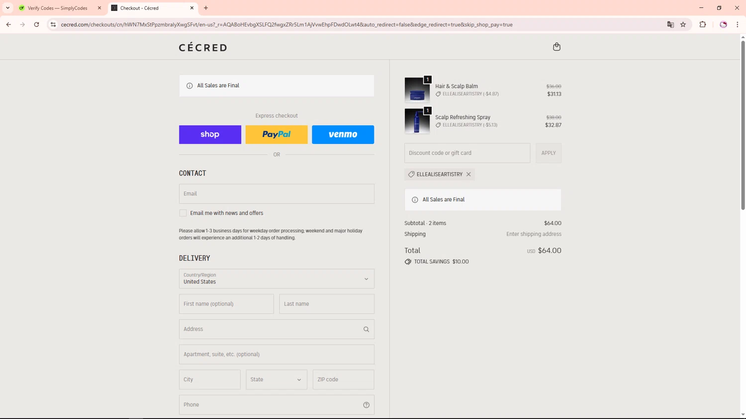 Cécred checkout page showing Cécred promo code box | Screenshot taken by SimplyCodes community member on Jan 8, 2026