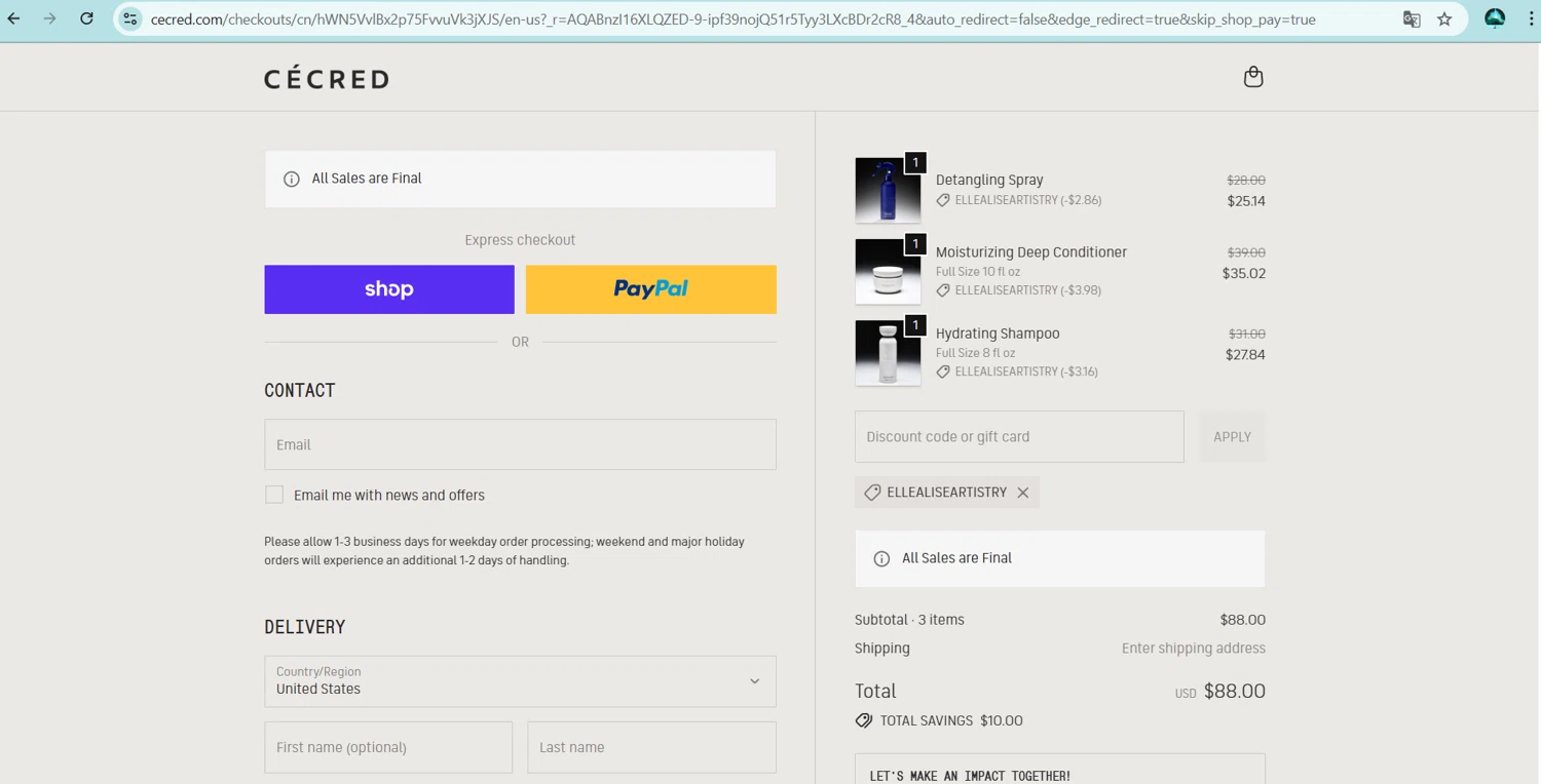 Cécred promo code screenshot showing code ELLEALISEARTISTRY applied at Cécred checkout page. Uploaded by SimplyCodes community member ingri85 on Nov 20, 2025