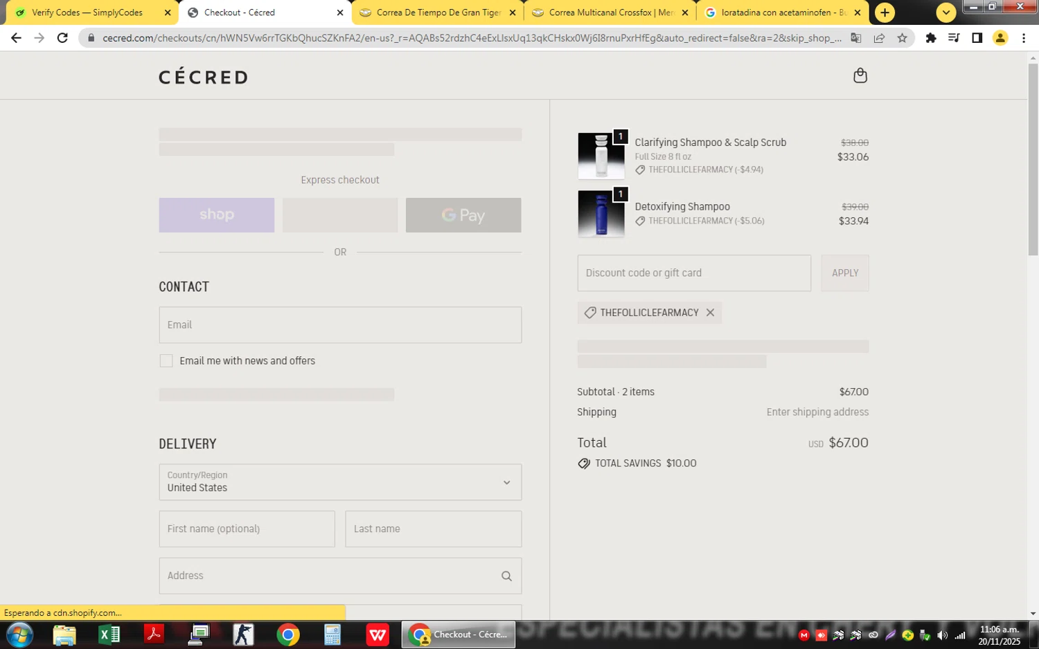 Cécred promo code screenshot showing code THEFOLLICLEFARMACY applied at Cécred checkout page. Uploaded by SimplyCodes community member QuestSage1300 on Nov 20, 2025