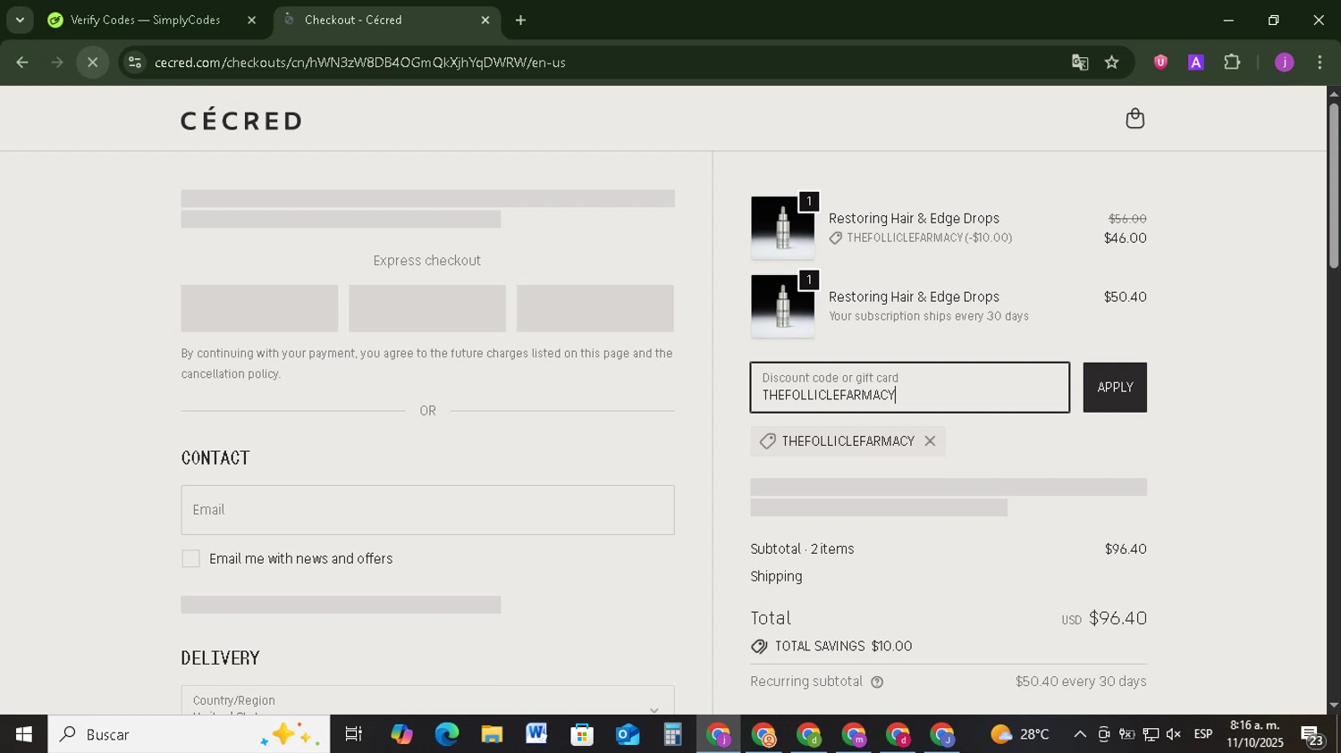 Cécred promo code screenshot showing code THEFOLLICLEFARMACY applied at Cécred checkout page. Uploaded by SimplyCodes community member Tazbravo on Oct 11, 2025