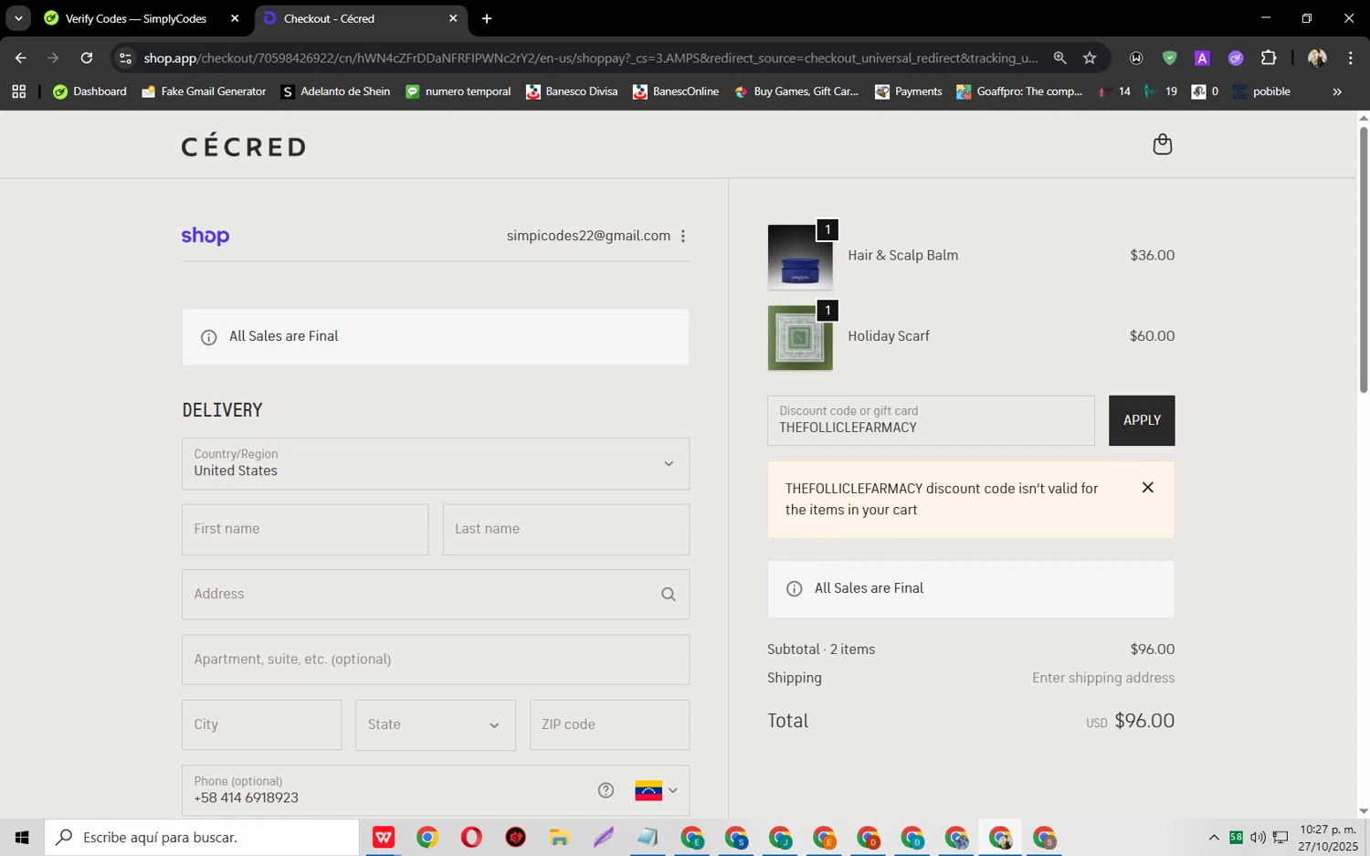 Cécred promo code screenshot showing code THEFOLLICLEFARMACY applied at Cécred checkout page. Uploaded by SimplyCodes community member jeysosmoore on Oct 28, 2025