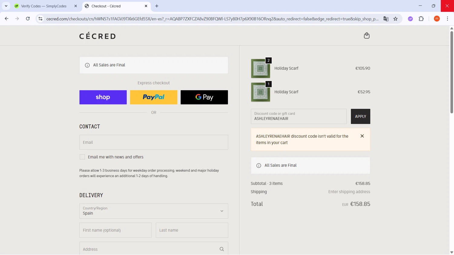 Cécred promo code screenshot showing code ASHLEYRENAEHAIR applied at Cécred checkout page. Uploaded by SimplyCodes community member PromoMonarch895 on Nov 10, 2025