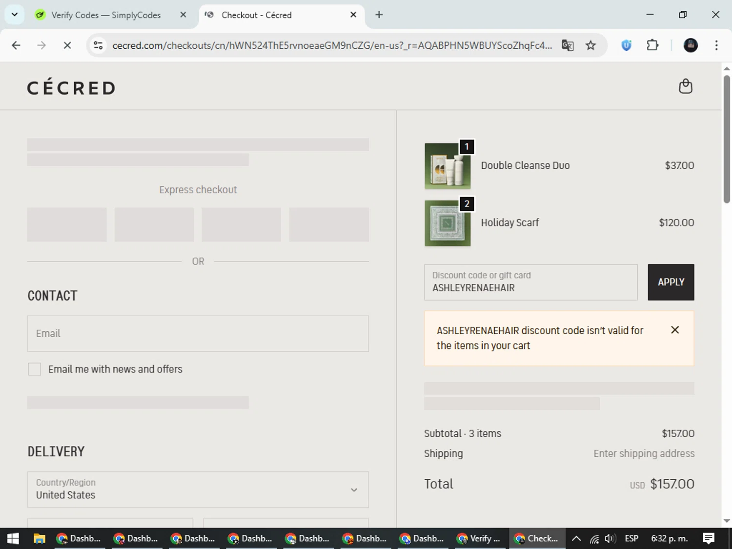 Cécred promo code screenshot showing code ASHLEYRENAEHAIR applied at Cécred checkout page. Uploaded by SimplyCodes community member ValueElite5945 on Nov 7, 2025