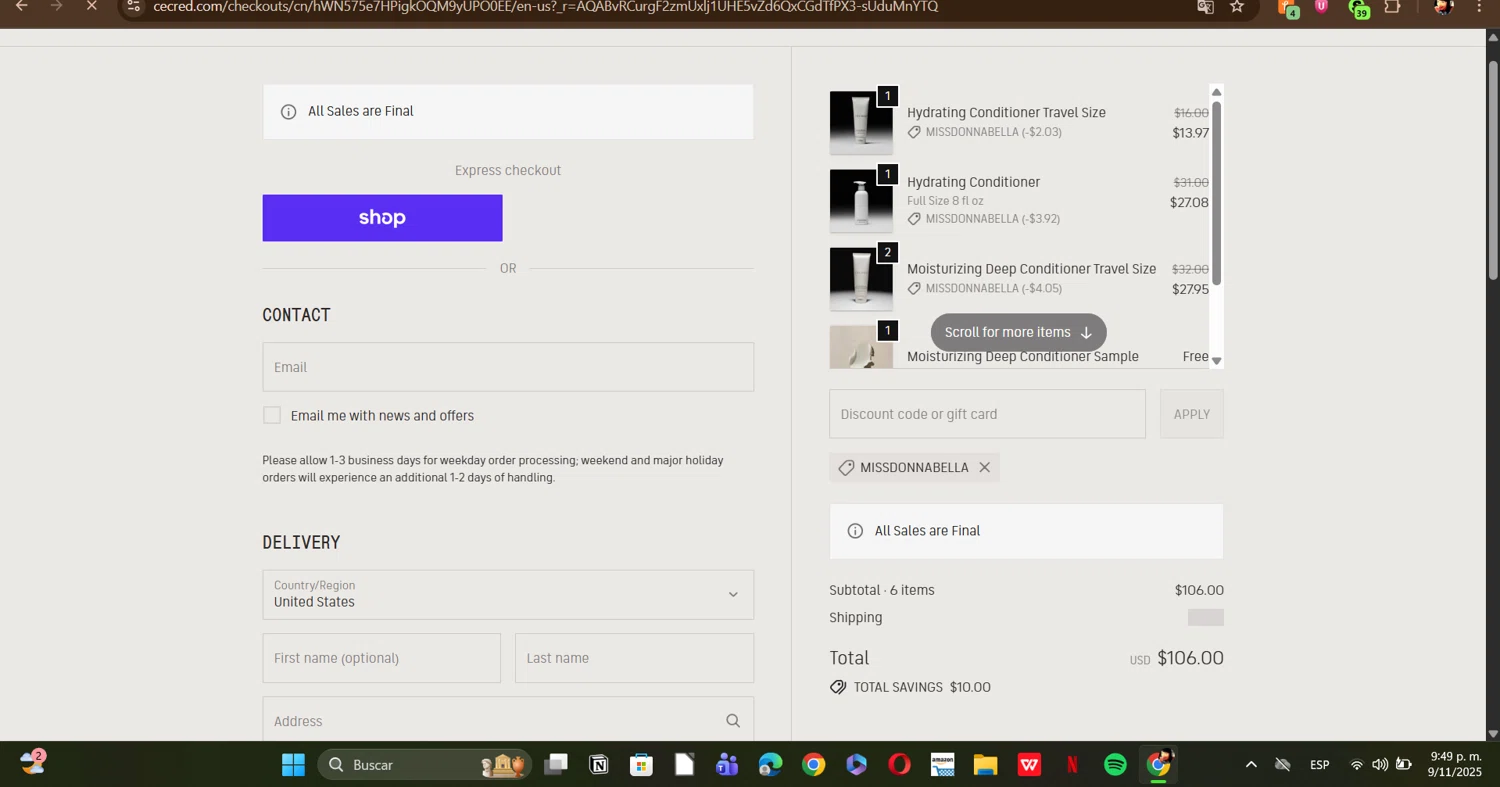 Cécred promo code screenshot showing code MISSDONNABELLA applied at Cécred checkout page. Uploaded by SimplyCodes community member ERI0810 on Nov 10, 2025
