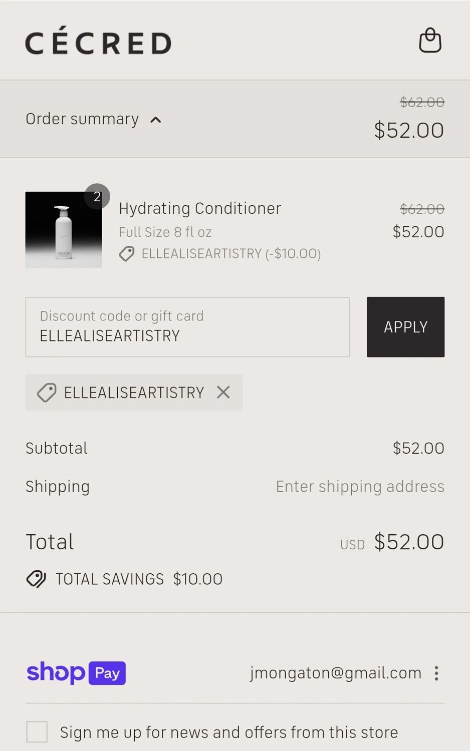 Cécred promo code screenshot showing code ELLEALISEARTISTRY applied at Cécred checkout page. Uploaded by SimplyCodes community member JuanMonge on Aug 5, 2025