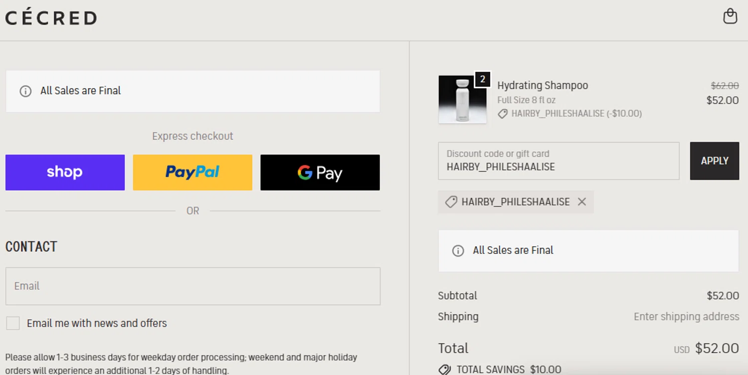 Cécred promo code screenshot showing code HAIRBY__PHILESHAALISE applied at Cécred checkout page. Uploaded by SimplyCodes community member anosesmith on Nov 20, 2025