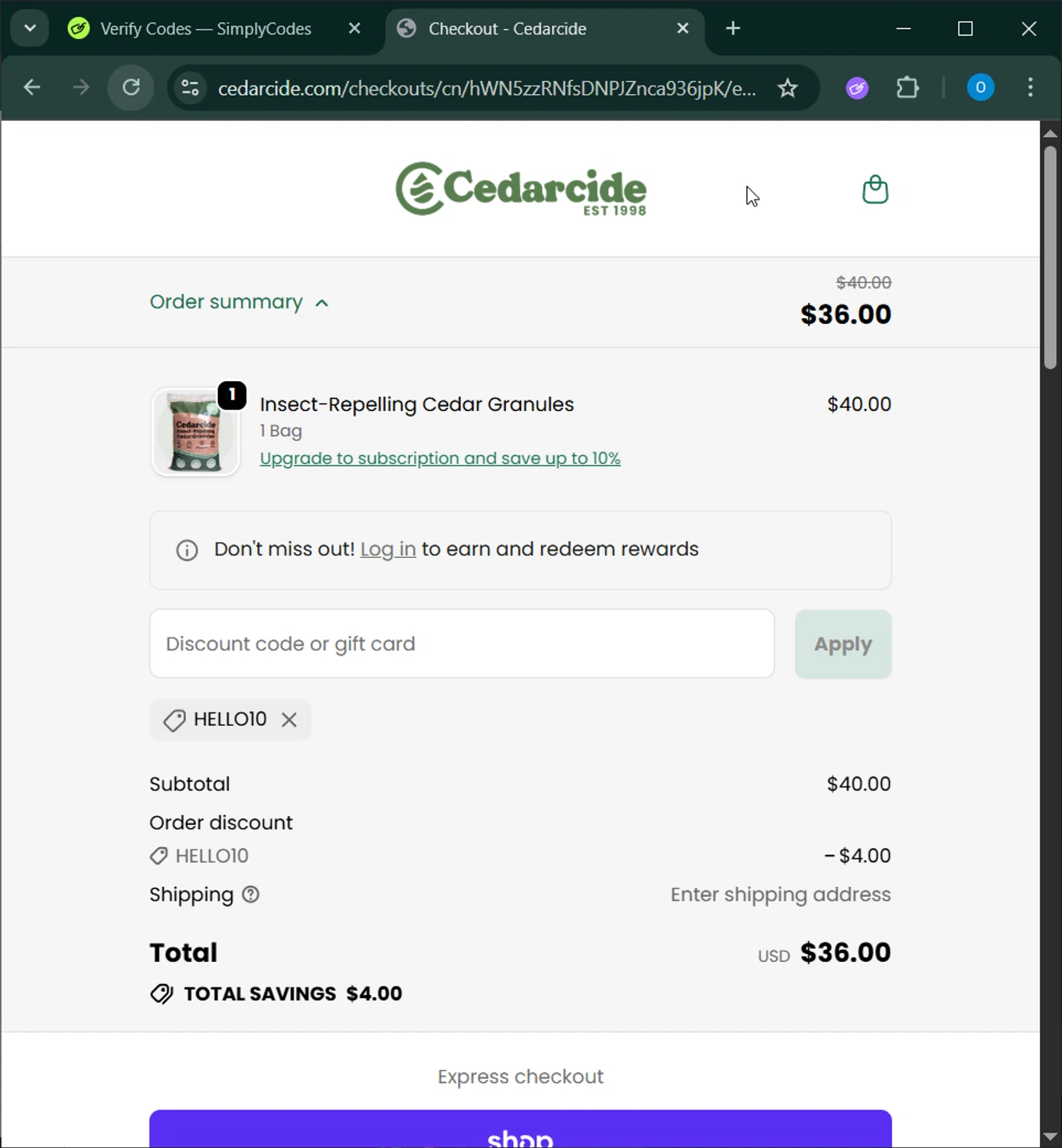 Cedarcide discount code screenshot showing code HELLO10 applied at Cedarcide checkout page. Uploaded by SimplyCodes community member _____________ on Dec 3, 2025