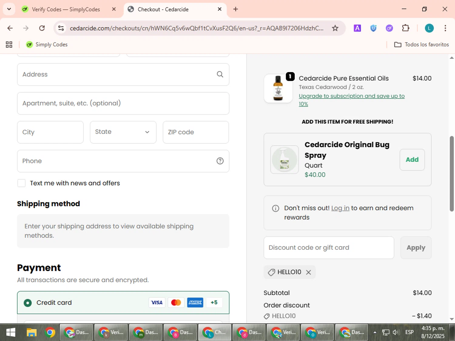 Cedarcide discount code screenshot showing code HELLO10 applied at Cedarcide checkout page. Uploaded by SimplyCodes community member LuckyLegend792 on Dec 8, 2025
