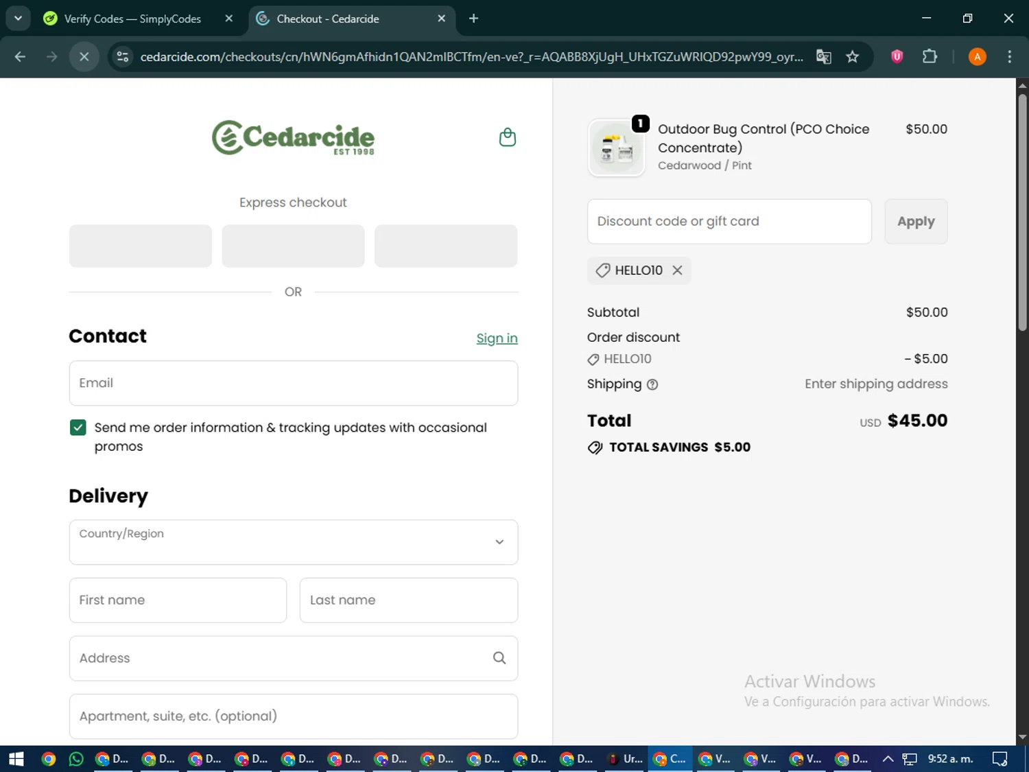 Cedarcide discount code screenshot showing code HELLO10 applied at Cedarcide checkout page. Uploaded by SimplyCodes community member MoneyPhoenix4664 on Dec 21, 2025