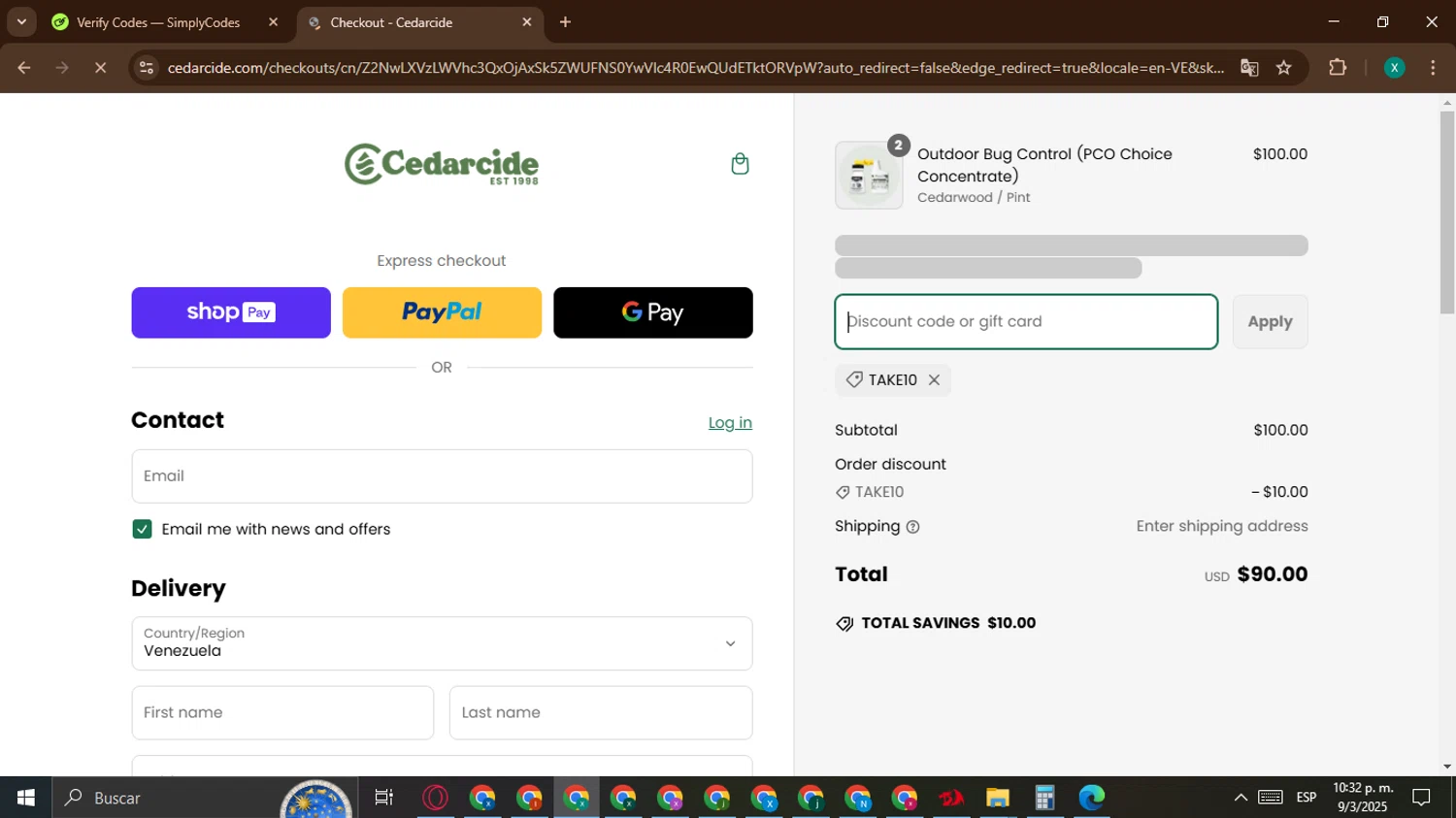 Cedarcide discount code screenshot showing code TAKE10 applied at Cedarcide checkout page. Uploaded by SimplyCodes community member BonusWarden6019 on Mar 10, 2025
