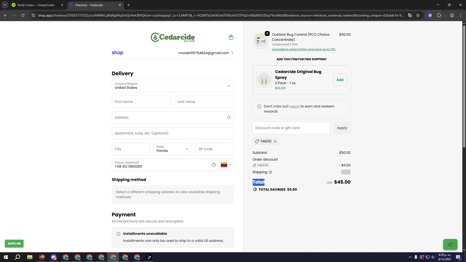 Cedarcide discount code screenshot showing code TAKE10 applied at Cedarcide checkout page. Uploaded by SimplyCodes community member sssssssssssssssssss on Dec 8, 2025