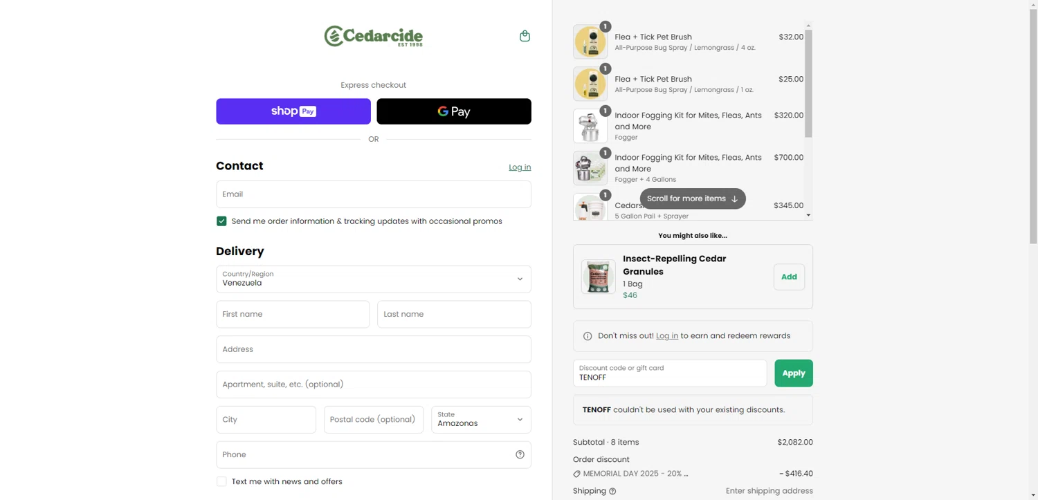 Cedarcide discount code screenshot showing code TENOFF applied at Cedarcide checkout page. Uploaded by SimplyCodes community member EpicEagle816 on May 19, 2025