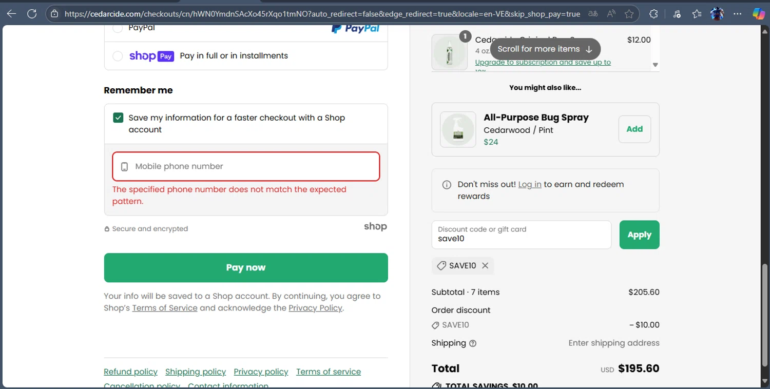 Cedarcide discount code screenshot showing code save10 applied at Cedarcide checkout page. Uploaded by SimplyCodes community member Alichi04 on Jul 13, 2025