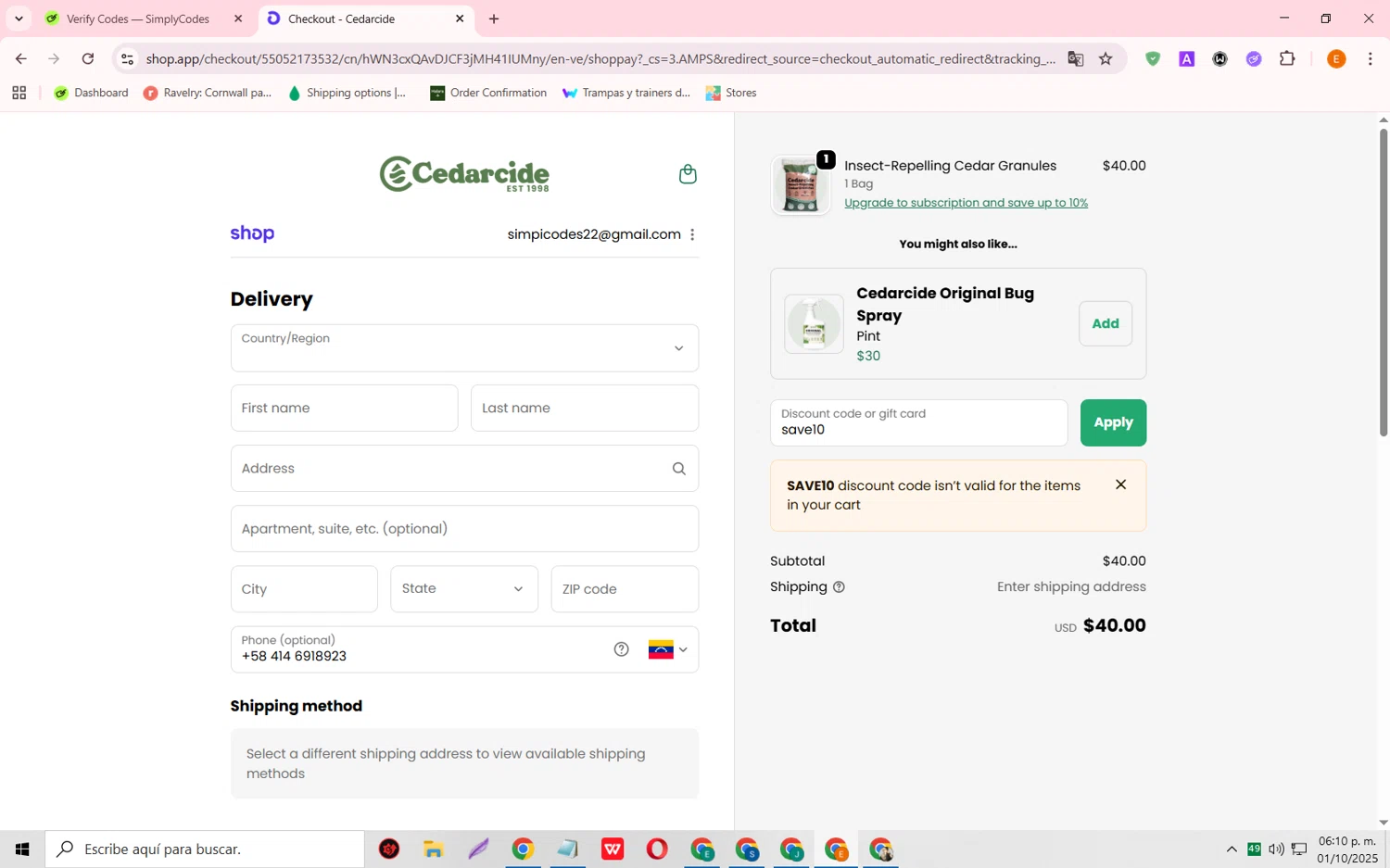 Cedarcide discount code screenshot showing code save10 applied at Cedarcide checkout page. Uploaded by SimplyCodes community member RewardFalcon3197 on Oct 1, 2025