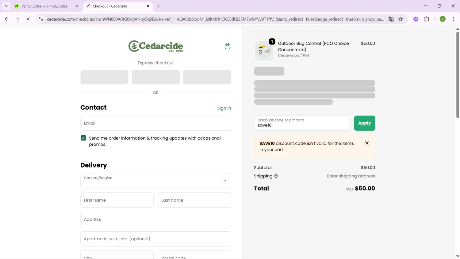 Cedarcide discount code screenshot showing code save10 applied at Cedarcide checkout page. Uploaded by SimplyCodes community member SavingsHero9122 on Dec 3, 2025