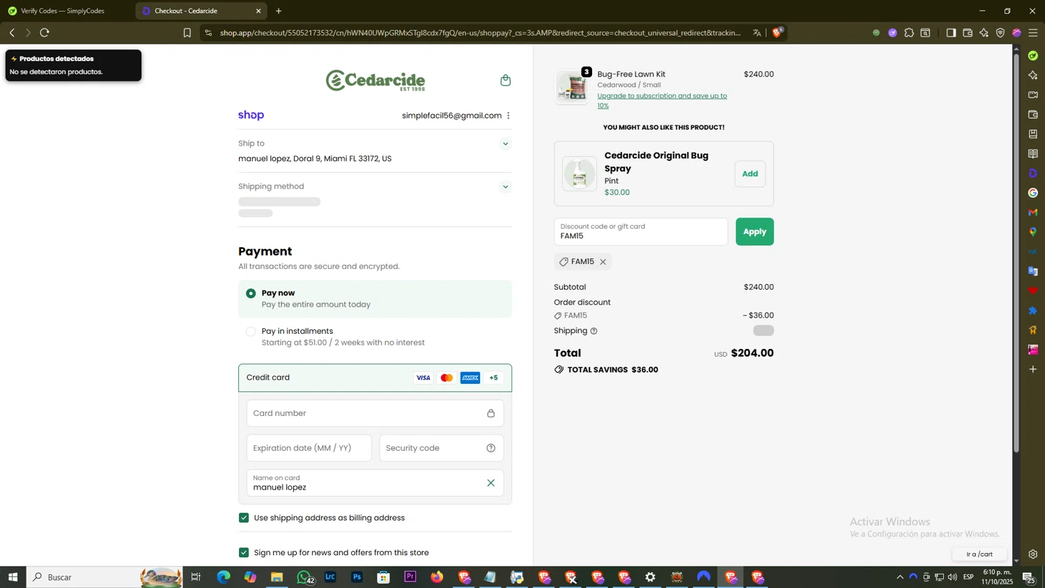 Cedarcide discount code screenshot showing code FAM15 applied at Cedarcide checkout page. Uploaded by SimplyCodes community member DiscountExpert556 on Oct 11, 2025