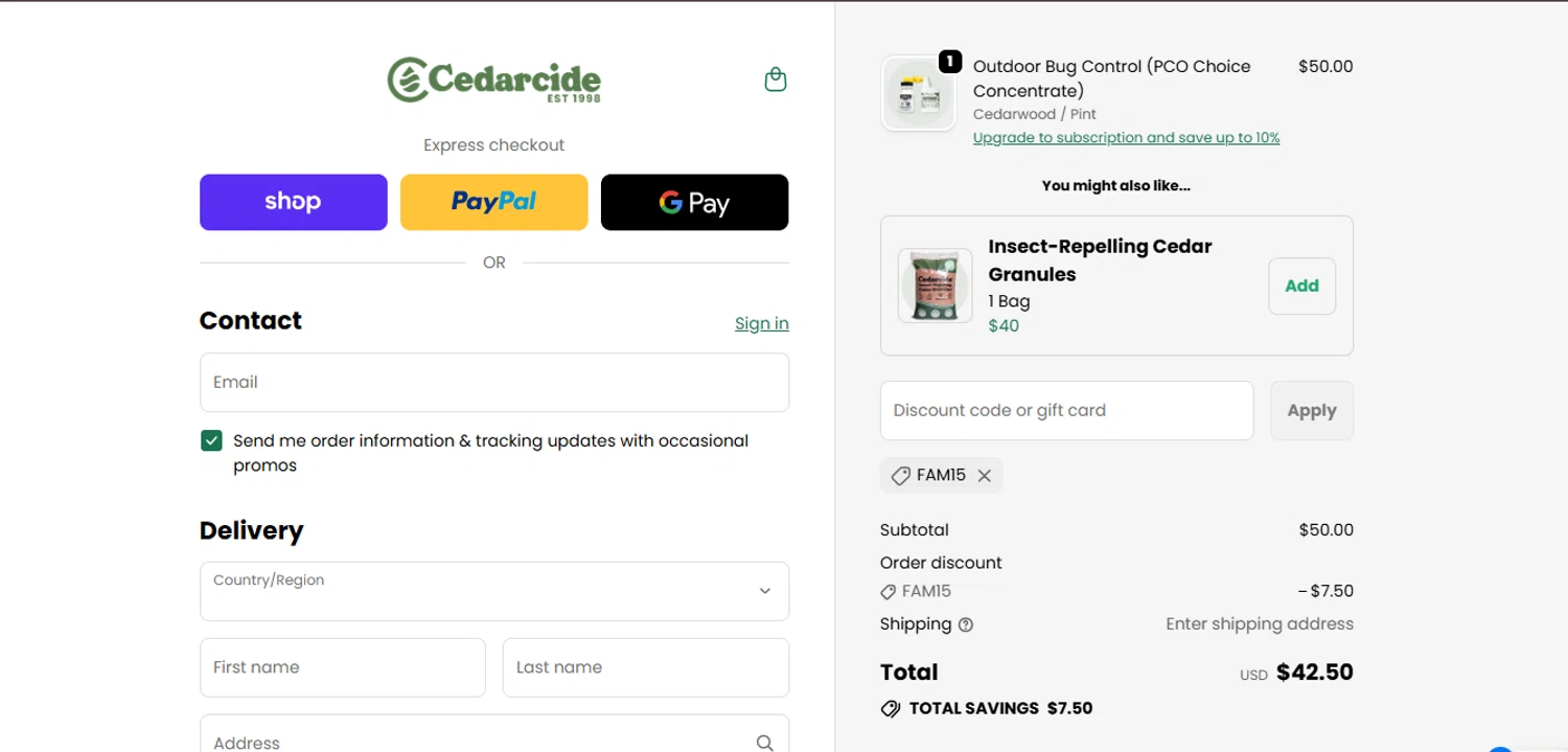 Cedarcide discount code screenshot showing code FAM15 applied at Cedarcide checkout page. Uploaded by SimplyCodes community member juanisaac on Oct 11, 2025