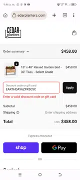 Cedar Planters coupon verification screenshot