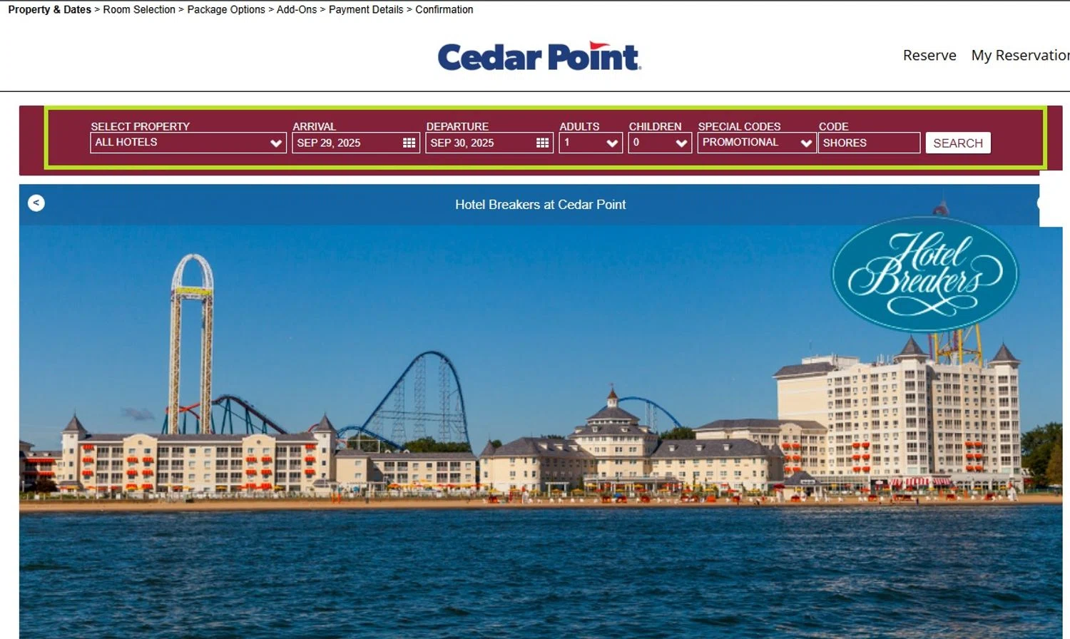 Cedar Point Amusement Park promo code screenshot showing code SHORES applied at Cedar Point Amusement Park checkout page. Uploaded by SimplyCodes community member criah256752 on Sep 29, 2025