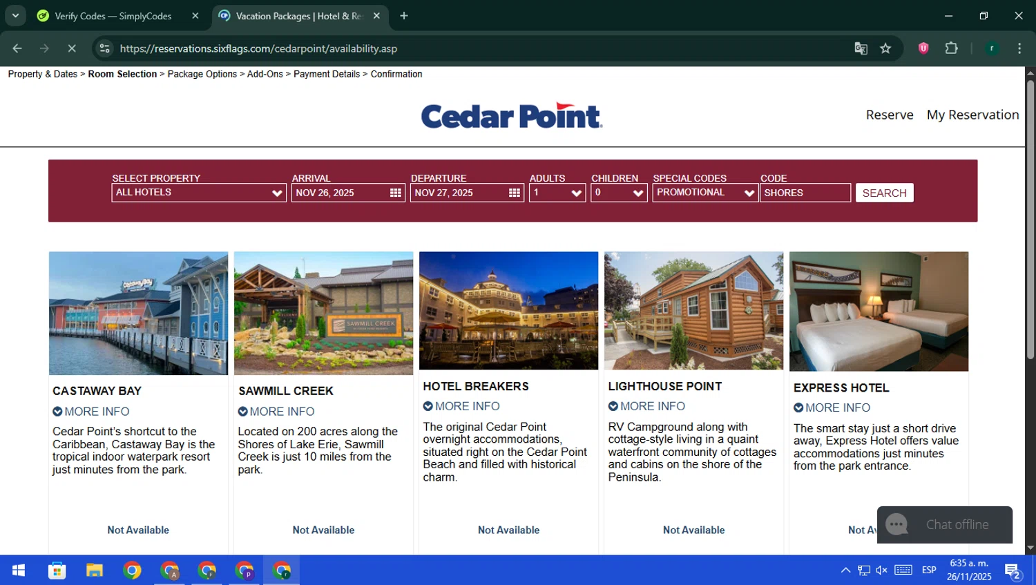 Cedar Point Amusement Park promo code screenshot showing code SHORES applied at Cedar Point Amusement Park checkout page. Uploaded by SimplyCodes community member rodri1 on Nov 26, 2025
