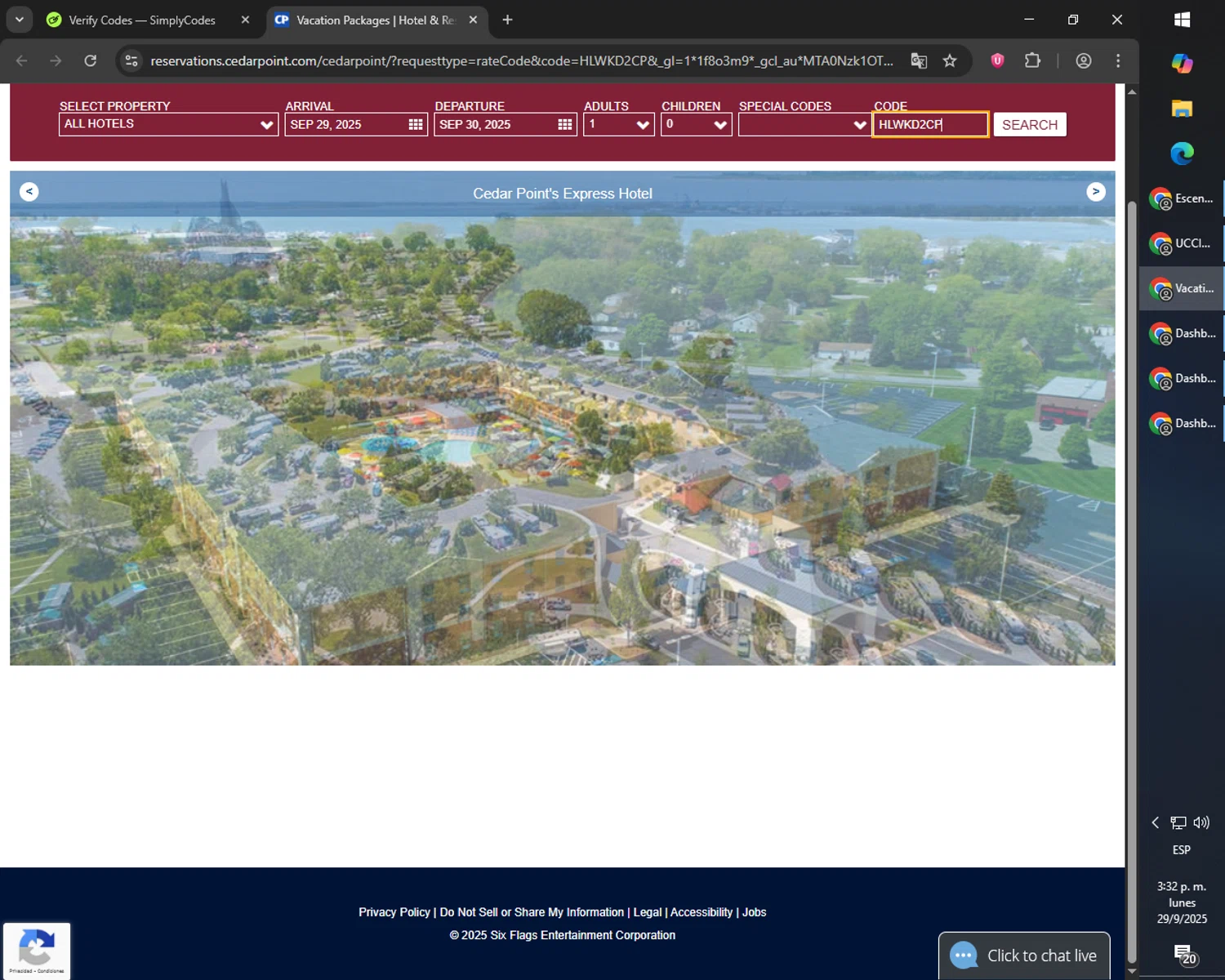 Cedar Point Amusement Park promo code screenshot showing code HLWKD2CP applied at Cedar Point Amusement Park checkout page. Uploaded by SimplyCodes community member PromoScout8746 on Sep 29, 2025