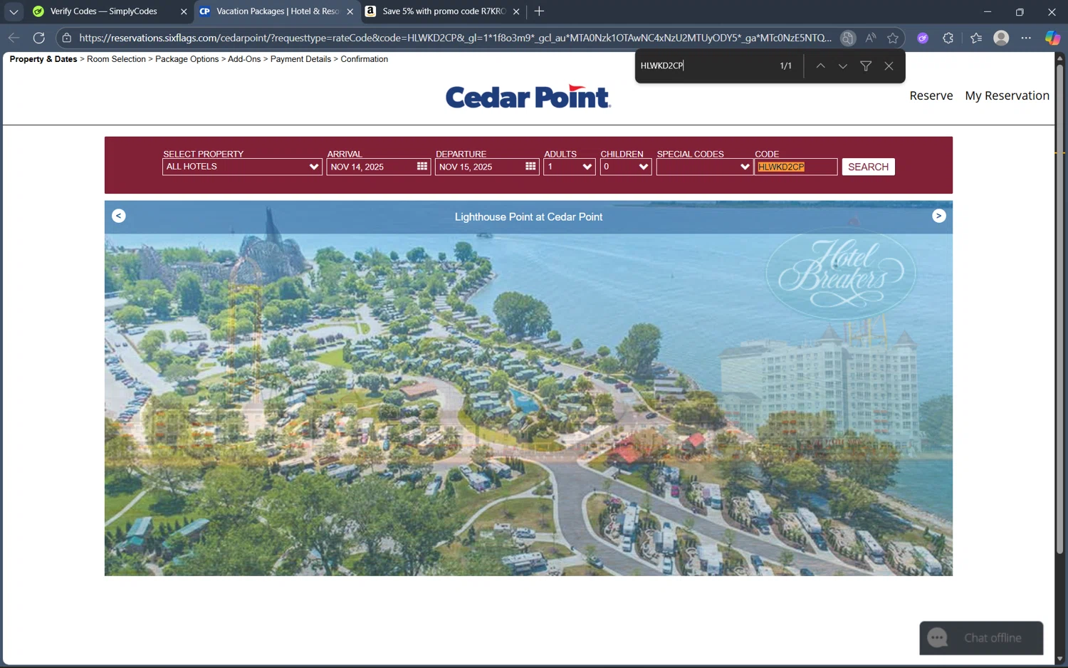 Cedar Point Amusement Park promo code screenshot showing code HLWKD2CP applied at Cedar Point Amusement Park checkout page. Uploaded by SimplyCodes community member frijolito on Nov 14, 2025