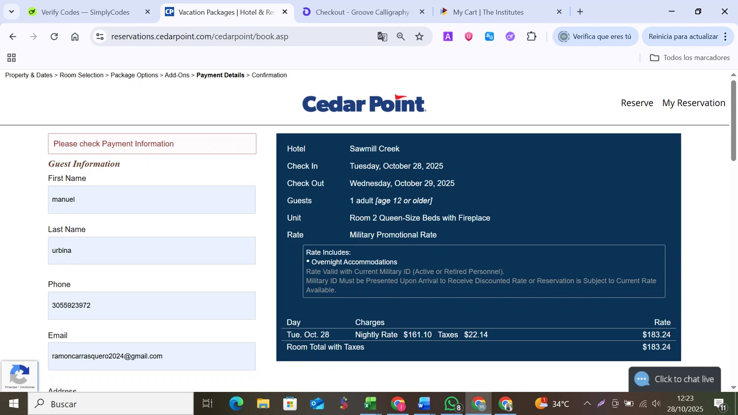 Cedar Point Amusement Park promo code screenshot showing code MILITARY applied at Cedar Point Amusement Park checkout page. Uploaded by SimplyCodes community member MANUELURBINA on Oct 28, 2025