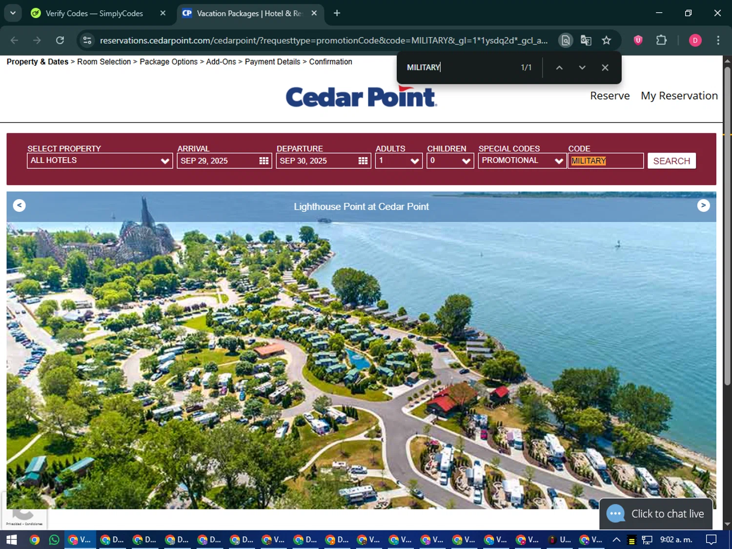 Cedar Point Amusement Park promo code screenshot showing code MILITARY applied at Cedar Point Amusement Park checkout page. Uploaded by SimplyCodes community member MoneySeeker7165 on Sep 29, 2025