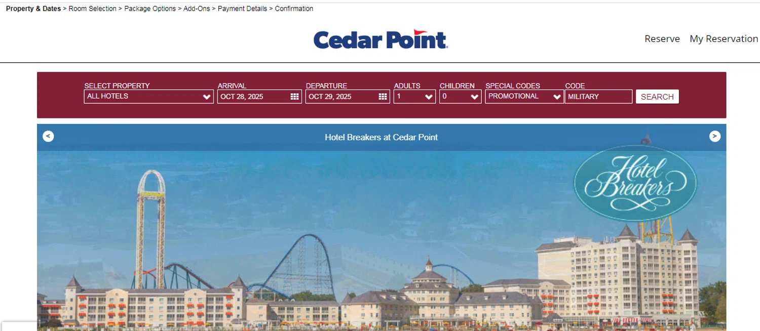 Cedar Point Amusement Park promo code screenshot showing code MILITARY applied at Cedar Point Amusement Park checkout page. Uploaded by SimplyCodes community member obito1234 on Oct 28, 2025