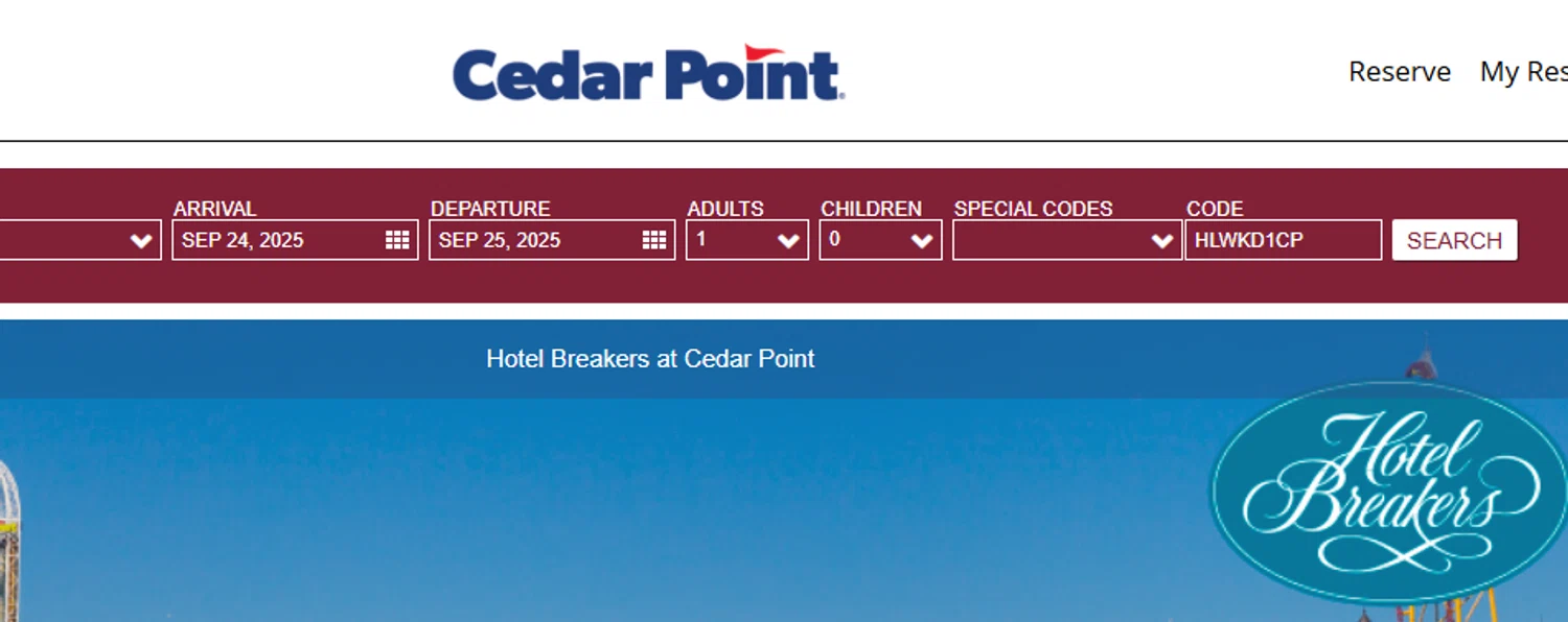 Cedar Point Amusement Park promo code screenshot showing code HLWKD1CP applied at Cedar Point Amusement Park checkout page. Uploaded by SimplyCodes community member Dejadepicharme on Sep 24, 2025
