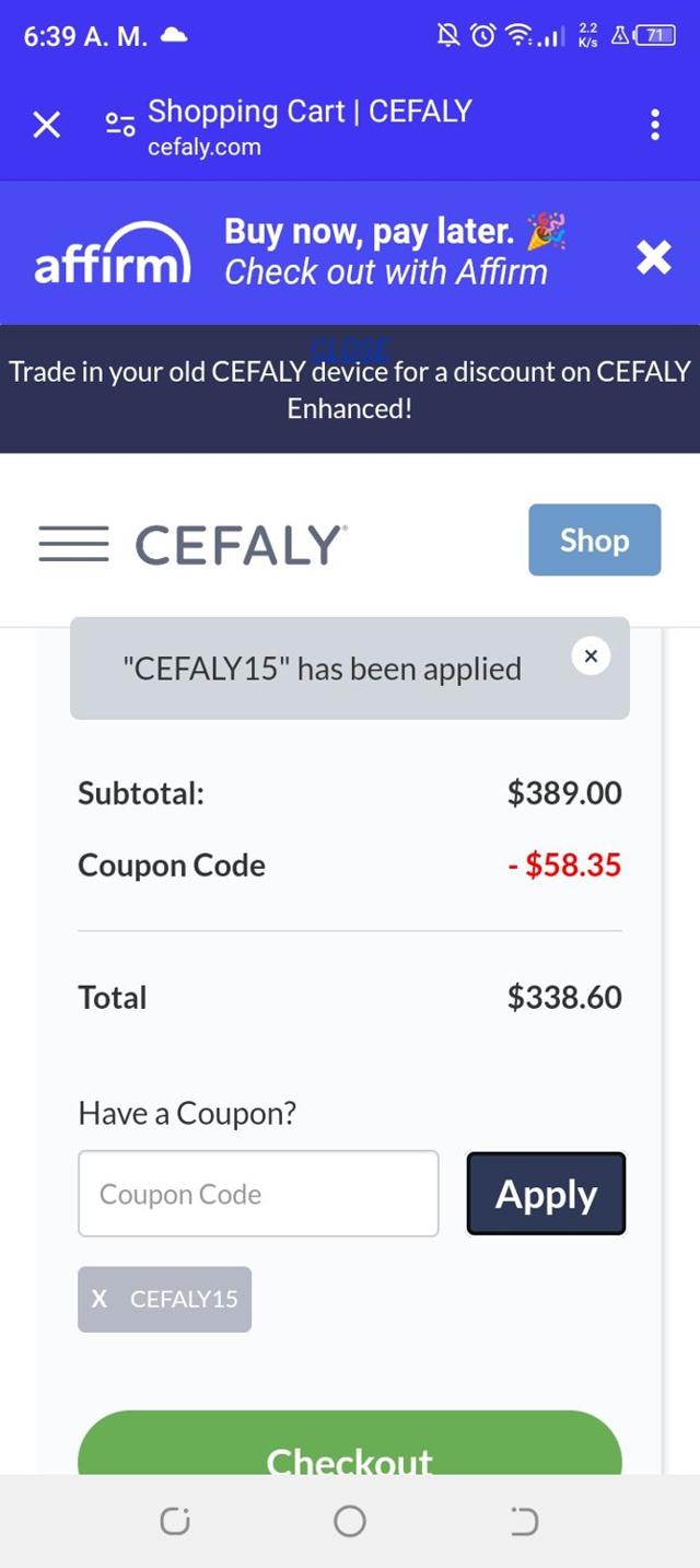Cefaly checkout page showing Cefaly coupon code box | Screenshot taken by SimplyCodes community member on Jan 14, 2024