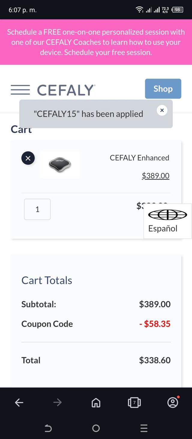 Cefaly checkout page showing Cefaly coupon code box | Screenshot taken by SimplyCodes community member on Mar 23, 2024